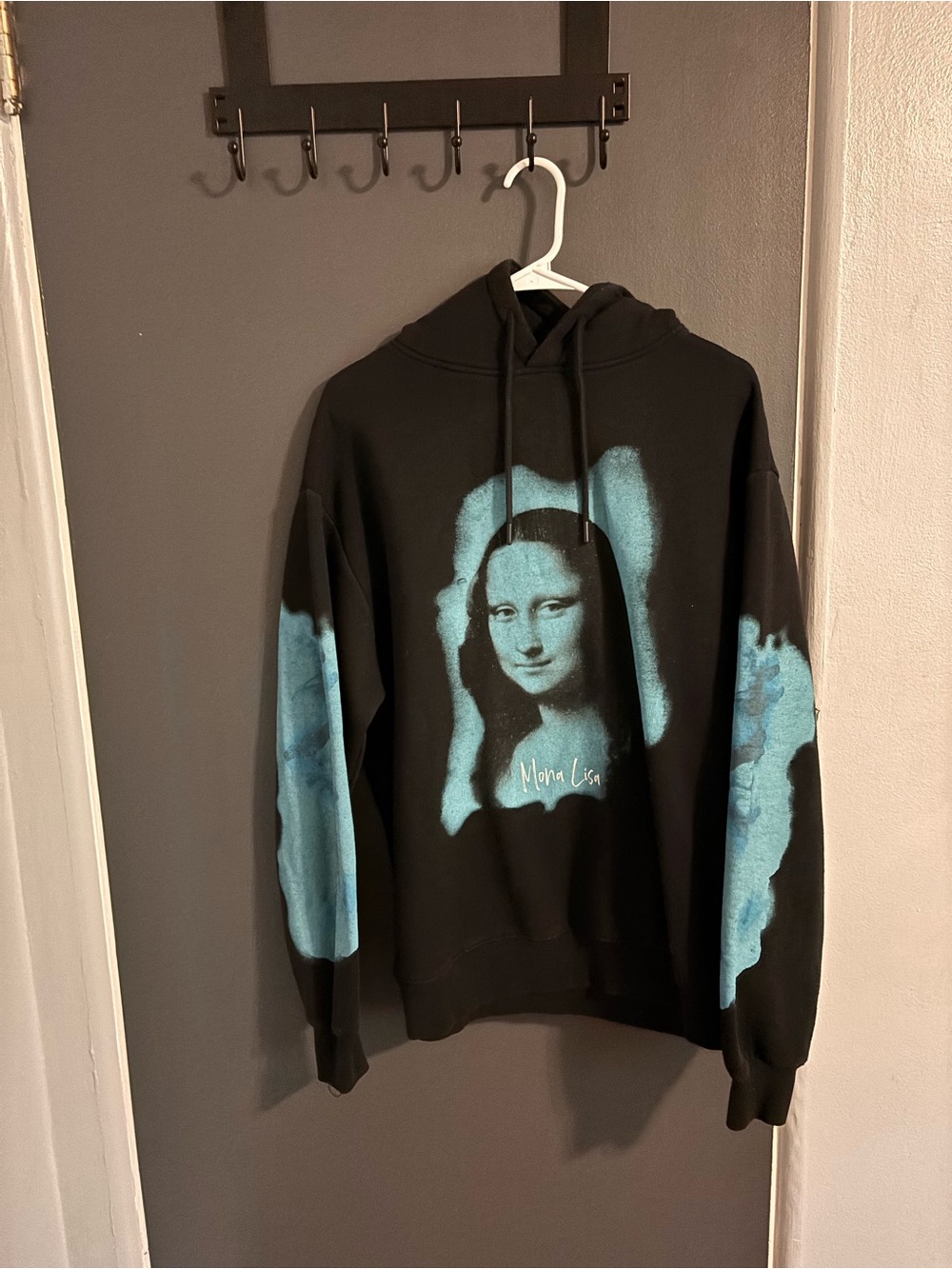 Pull&Bear Black Hoodie with Mona Lisa Blue Graphic